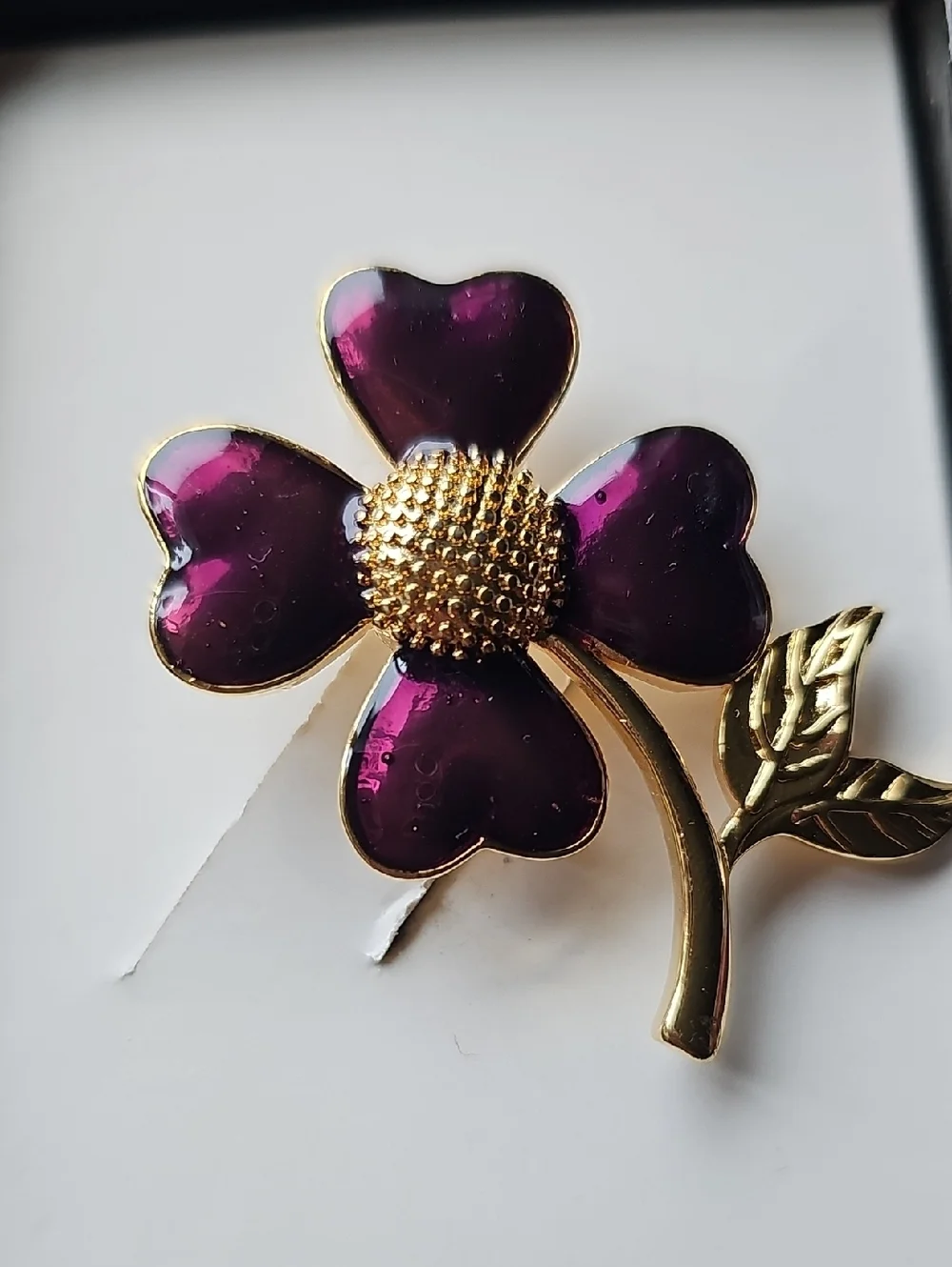 NIB Vintage Gold-Tone Purple Enamel Flower Brooch